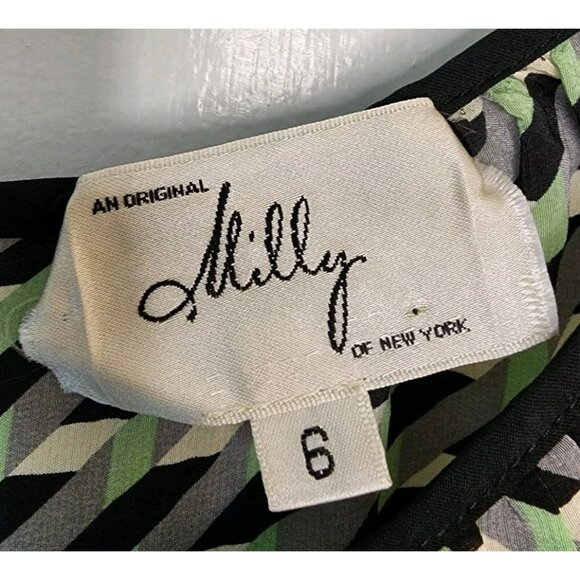 Vintage Milly of New York Geometric Print Silk Dress Sz 6 Keyhole Cap Sleeve - Picture 3 of 6